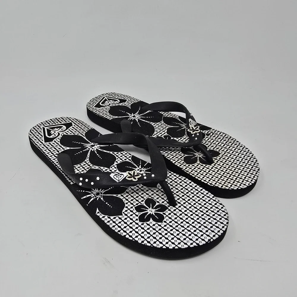 Roxy Womens Black White Floral Studded Flip Flop Sandals Size 9
